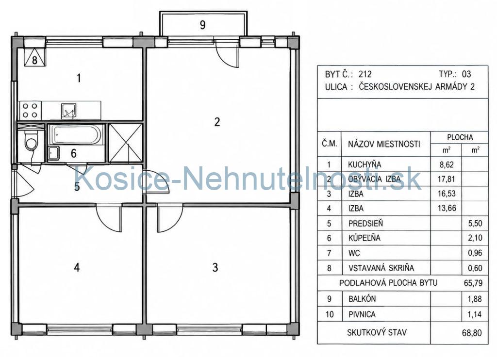 Predaj: 3-izbový tehlový byt 54 m2 s balkónom, pivnicou a výťahom, ul. ČSA – Košice I, Staré Mesto
